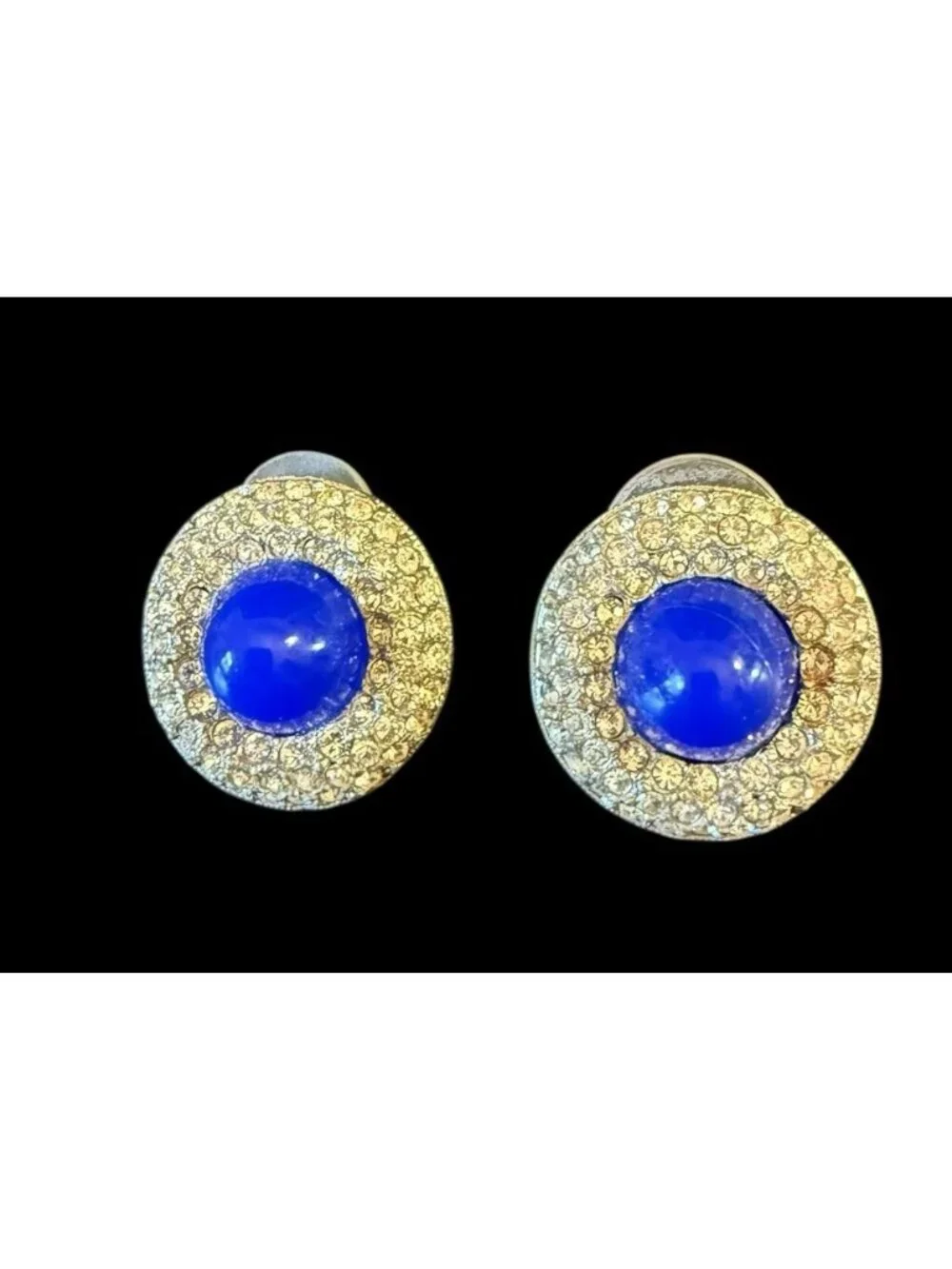 Vintage Kenneth Lane Round Blue Glass Cab Earrings Pave Clear Rhinestone 7/8” - Picture 2 of 7